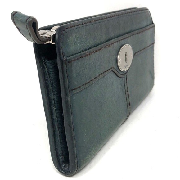 FOSSIL Marlow Pebbled Leather Zip Around Wallet Green w/Silver Key Hole Logo - Picture 6 of 13